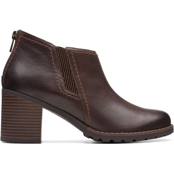 NEW CLARKS Leather Leda Step Heeled Booties Dark Brown for women 462mn - Picture 1 of 8